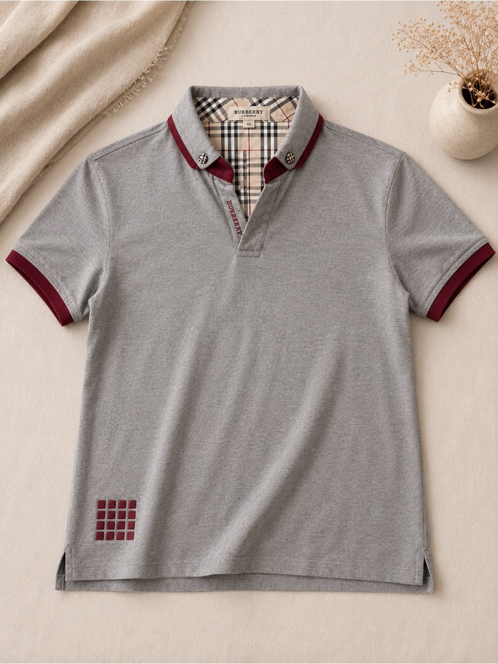 Burberry Grey Polo with Burgundy Trim and Check Collar